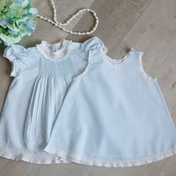 RARE Blue Heirloom Dress & Slip Newborn to 3 Month Feltman Brothers Vintage Lace - Picture 3 of 10